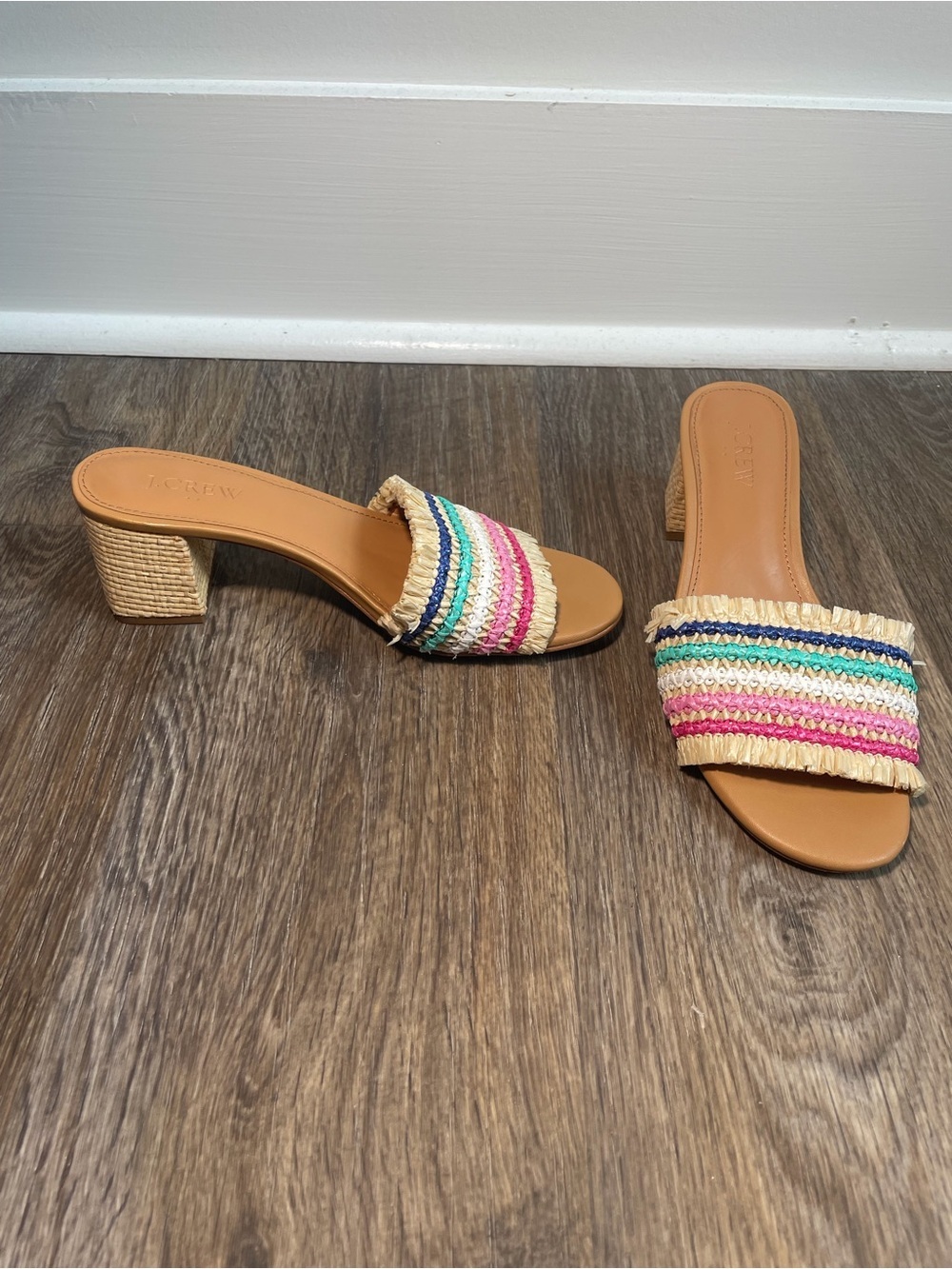 J Crew Raffia Rainbow Woven Block Heel Sandals Womens 6.5 Vacation Coastal